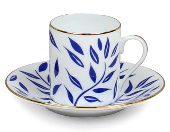 Tasse à café avec soucoupe en porcelaine lot de 2 - Récamier olivier bleu  filet d'or