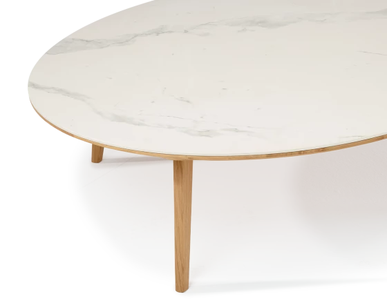 Duo de tables basses rondes F1 plateau bois et céramique bois teinte naturelle et céramique effet marbre blanc M1