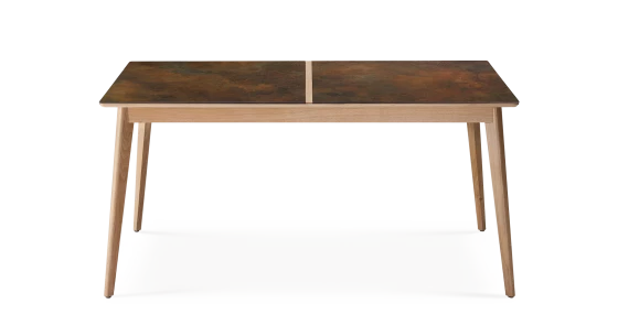 Table salle à manger en chêne et céramique 6 personnes avec bois teinte naturelle et plateau céramique brun oxydé 140x100 cm