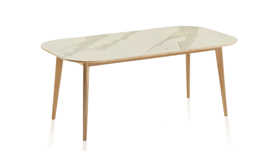 Table salle à manger 6 personnes en chêne et céramique avec bois teinte naturelle et plateau céramique effet marbre blanc 160x90 cm