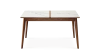 Table extensible 6 à 10 personnes en noyer et céramique allonges bois avec bois teinte naturelle et plateau céramique effet marbre blanc 160x90 cm