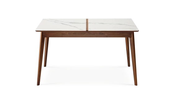 Table extensible 6 à 10 personnes en noyer et céramique allonges bois avec bois teinte naturelle et plateau céramique effet marbre blanc 160x90 cm